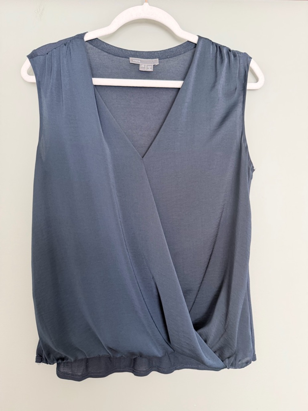 Vince Faux Wrap Front Silky Navy Blue Sleeveless Top